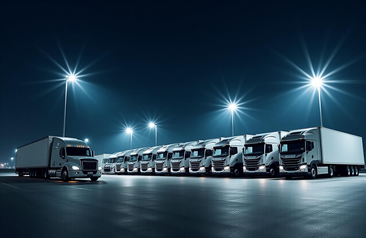 SJ MOVING & STORAGE, INC. Freight Truck Fleet at Night